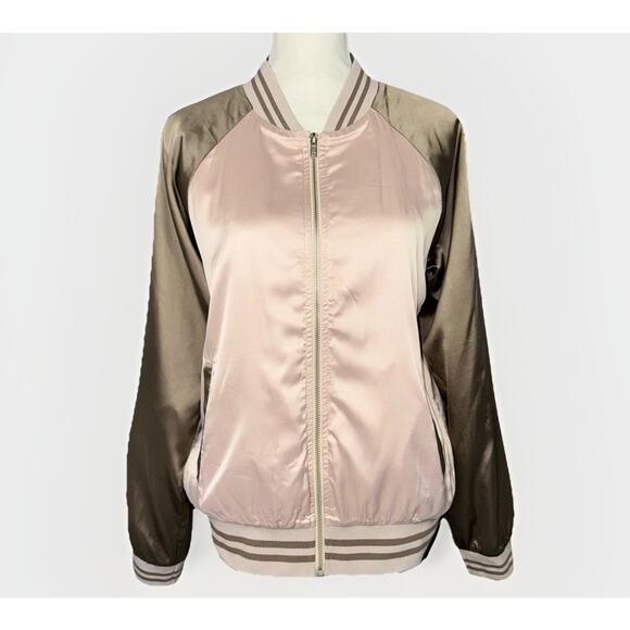 NWT Hem & Thread Medium Pink Champagne Sage Satin Bomber Jacket Zip Retro Raglan - Picture 1 of 6